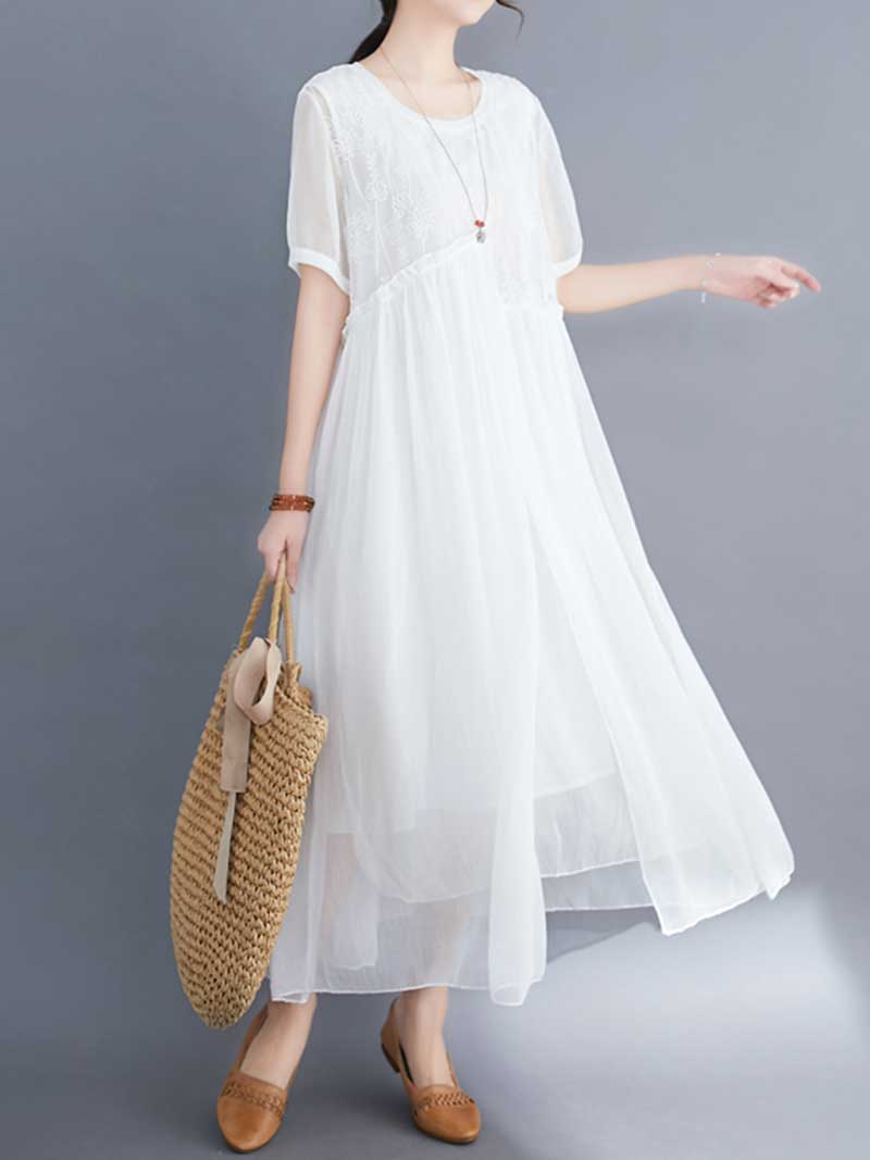 Embroidered Silk Round-Neck A-Line Dress - Image 17