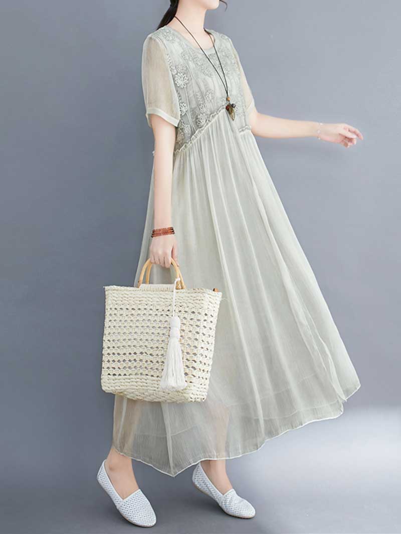 Embroidered Silk Round-Neck A-Line Dress - Image 18