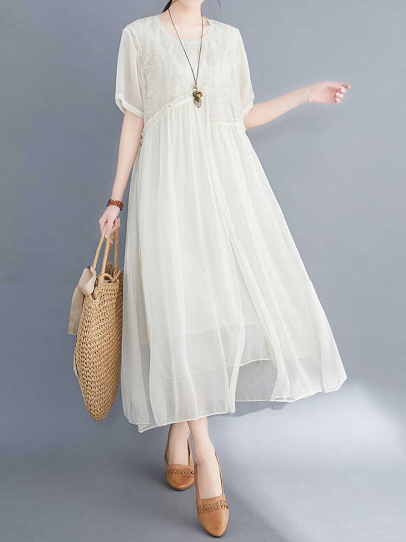 Embroidered Silk Round-Neck A-Line Dress - Image 2