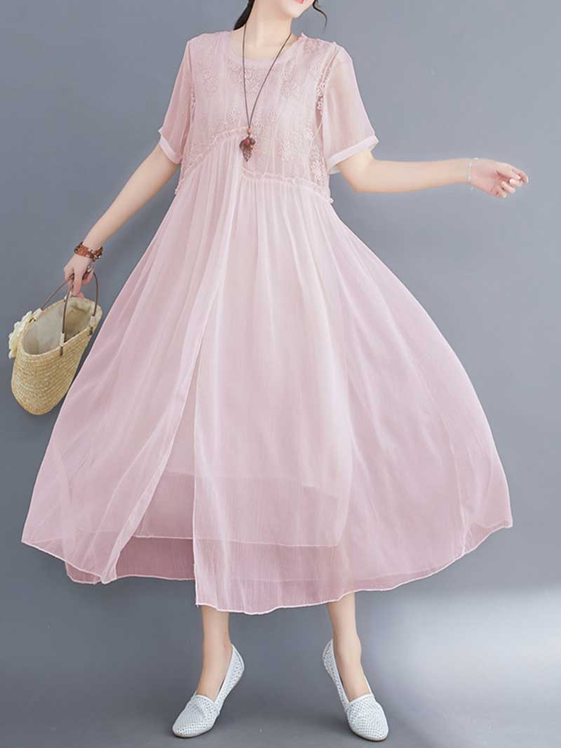 Embroidered Silk Round-Neck A-Line Dress - Image 4