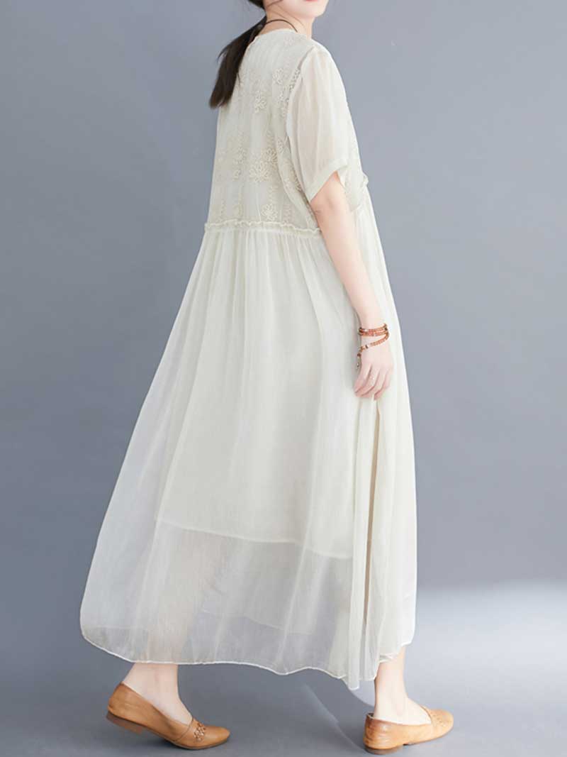Embroidered Silk Round-Neck A-Line Dress - Image 7