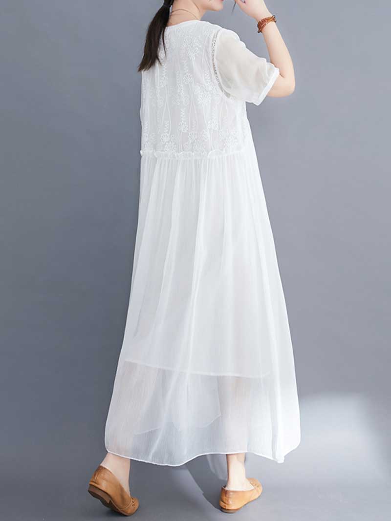 Embroidered Silk Round-Neck A-Line Dress - Image 8