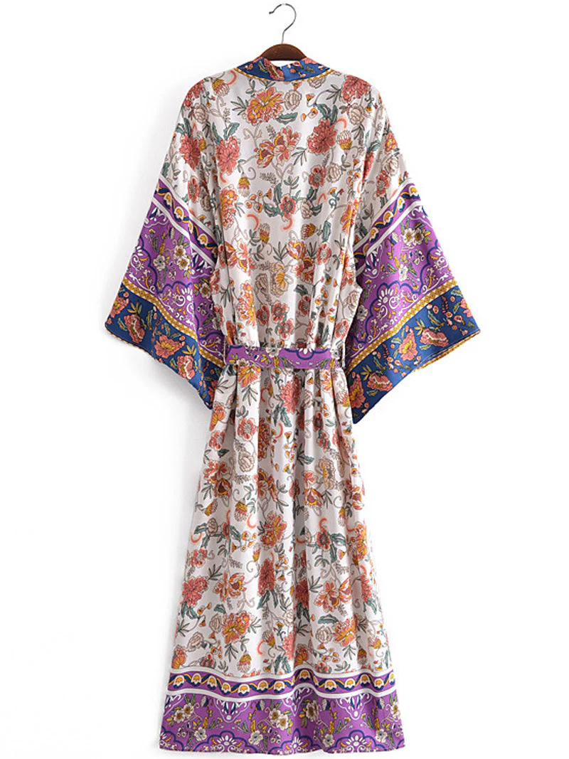 Beachwear Floral Print Purple Color Cotton Long Length Gown Kimono Duster Robe - Image 2