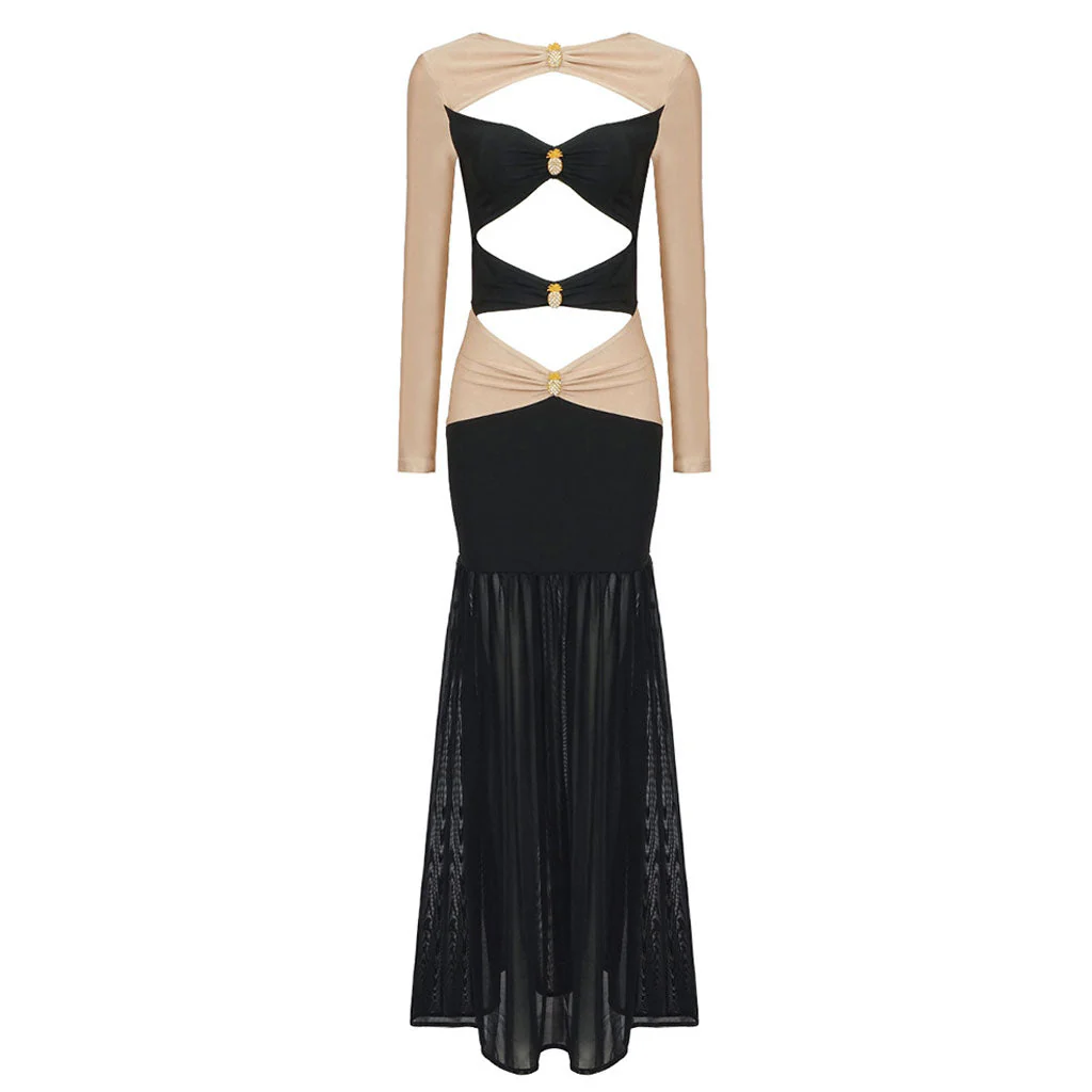 Enchanting Pineapple Applique CutOut Contrast Panel Fishtail Maxi Evening Dress - Image 5