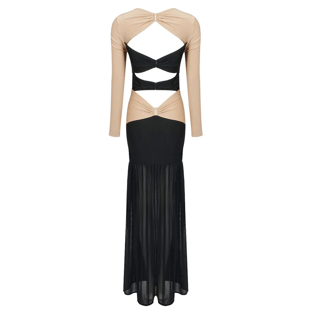 Enchanting Pineapple Applique CutOut Contrast Panel Fishtail Maxi Evening Dress - Image 6