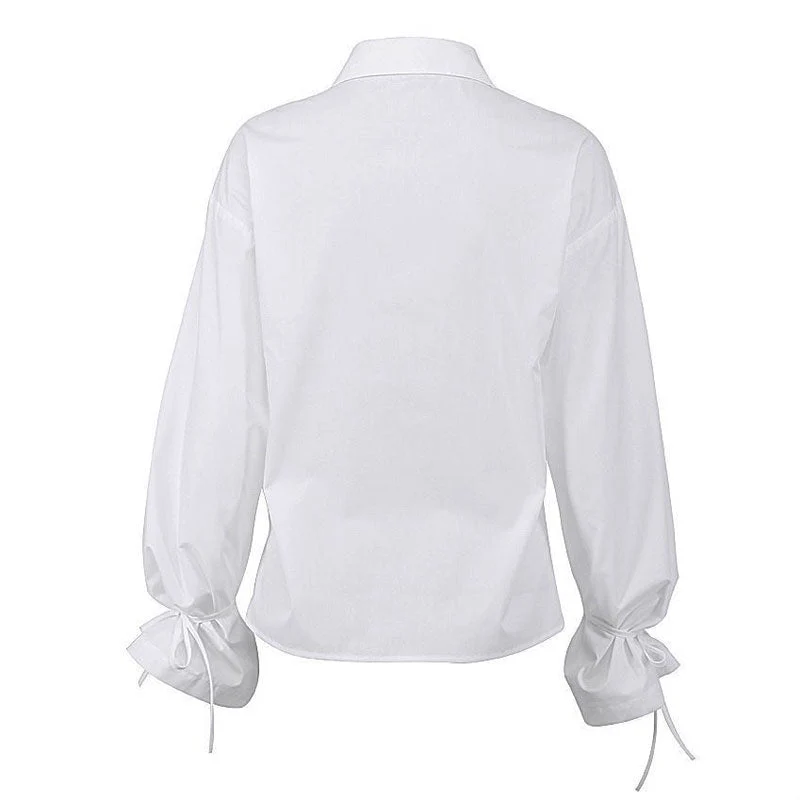 Enchanting Pointed Collar Button Down Drop Shoulder Bishop Sleeve Blouse - White - Image 5