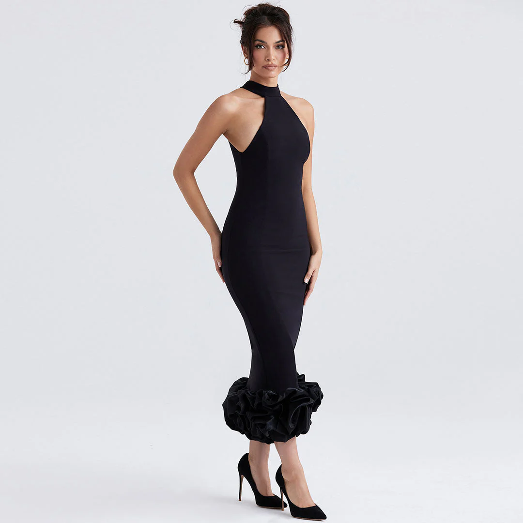 Enchanting Ruffle Hem Sleeveless Bodycon Cocktail Midi Dress - Black - Image 2