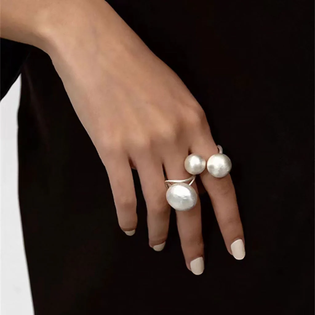 Mismatched Brush Satin Puffed Double Sphere Cuff Ring - Image 2