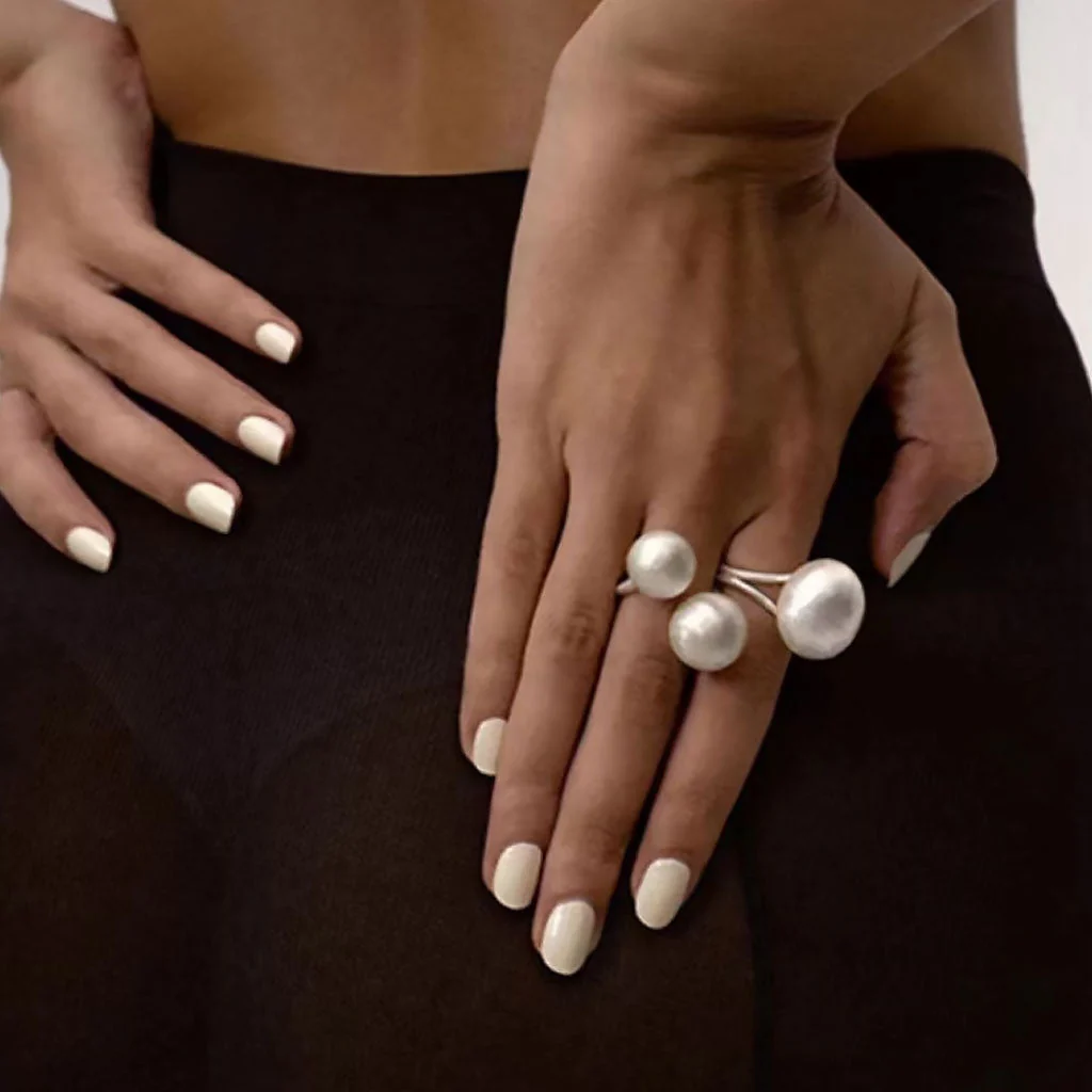 Mismatched Brush Satin Puffed Double Sphere Cuff Ring - Image 3