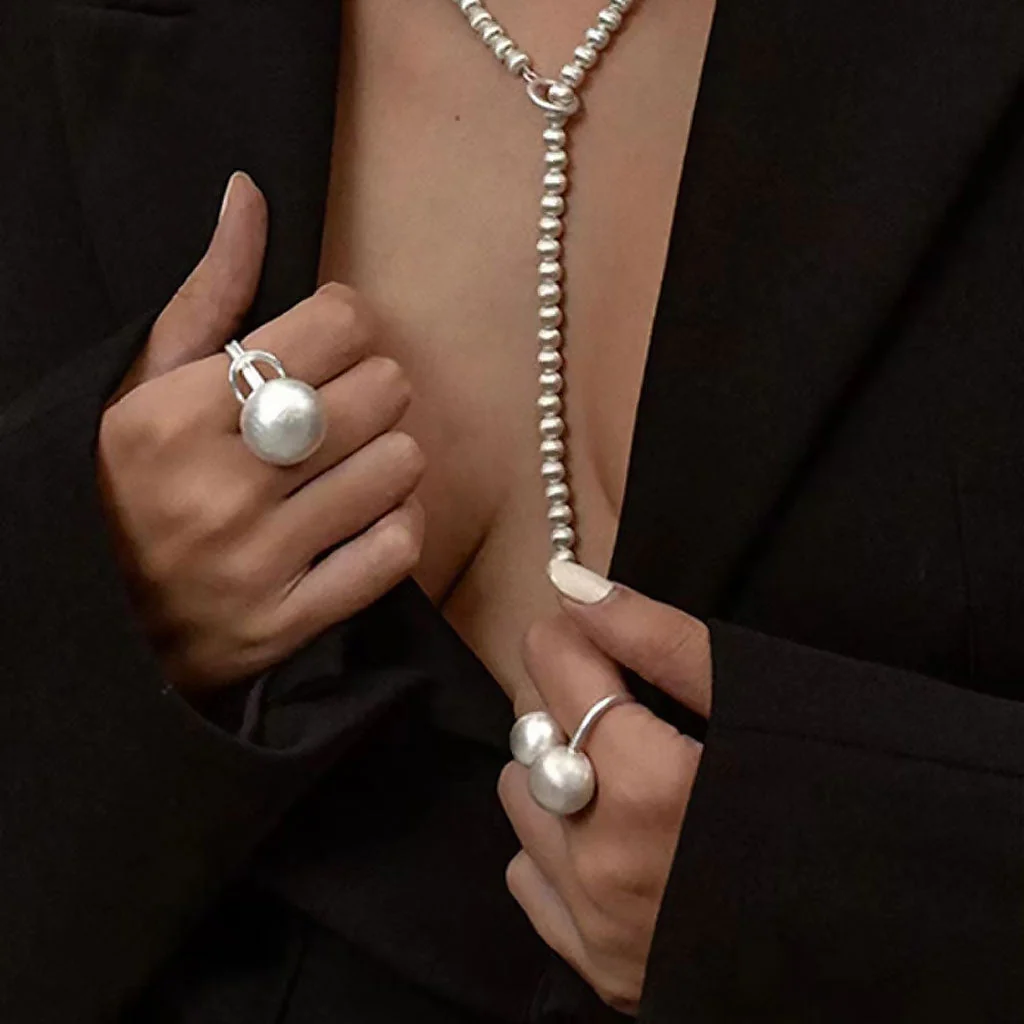 Mismatched Brush Satin Puffed Double Sphere Cuff Ring - Image 4