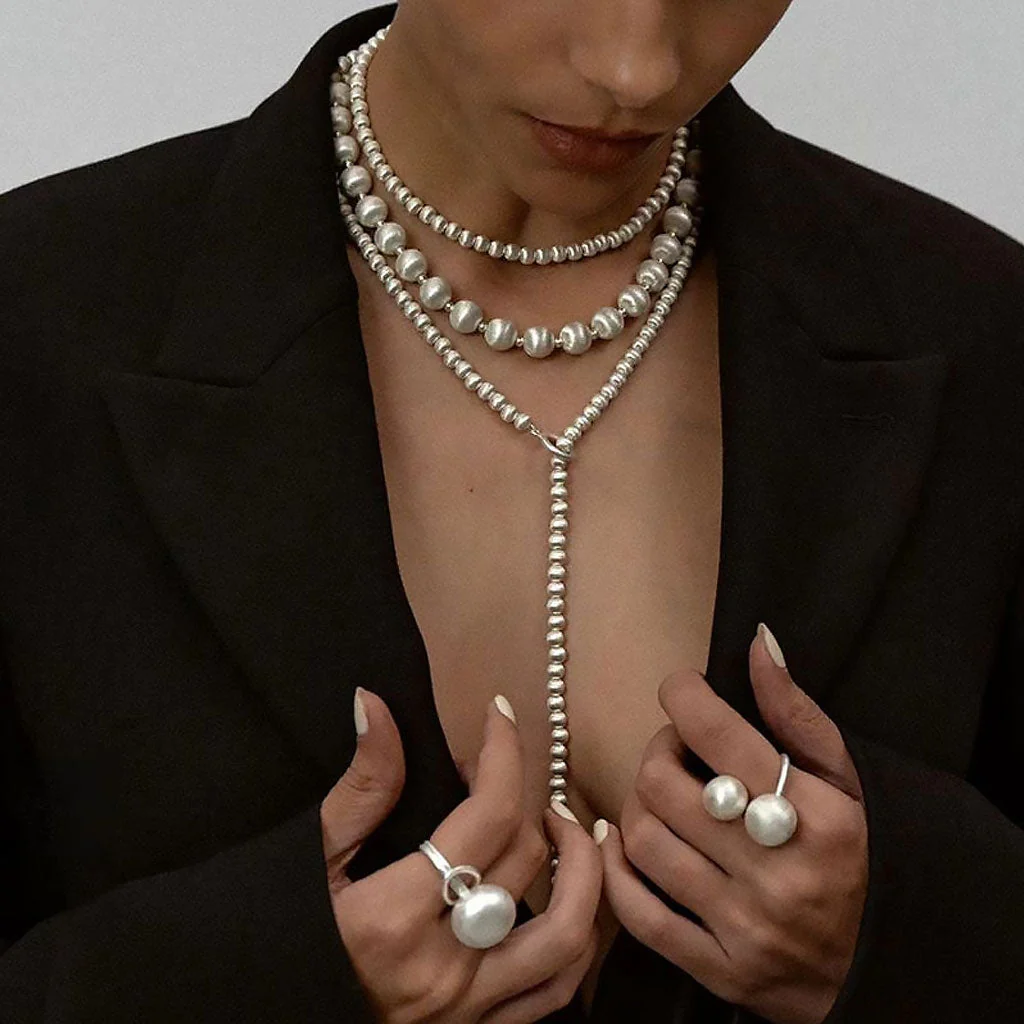Quiet Luxury Brushed Satin Ball Sterling Silver Lariat NeckLace - Image 2