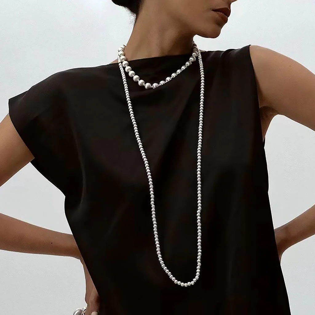 Quiet Luxury Brushed Satin Ball Sterling Silver Lariat NeckLace - Image 3