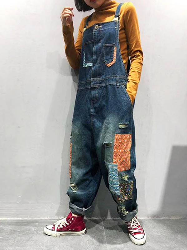 Estela Patchwork Prints Ripped Overall Dungarees - Image 3