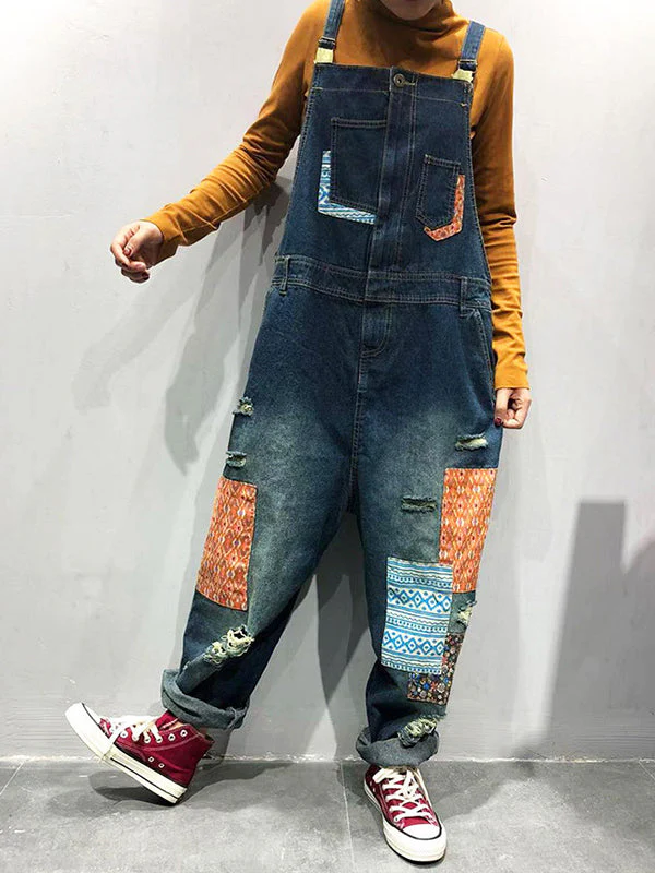 Estela Patchwork Prints Ripped Overall Dungarees - Image 4