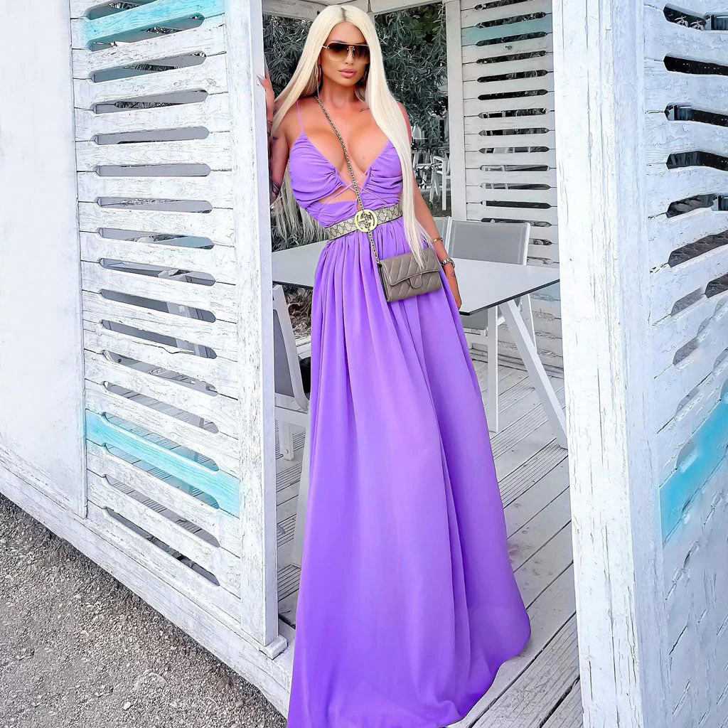 Ethereal Halter Cinched Neck CutOut Ruched Chiffon Sleeveless Maxi Evening Dress - Image 4