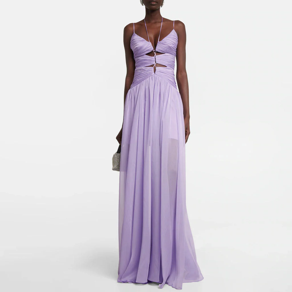 Ethereal Halter Cinched Neck CutOut Ruched Chiffon Sleeveless Maxi Evening Dress - Image 5