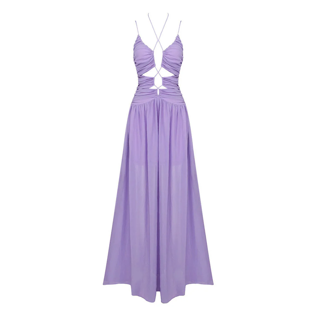 Ethereal Halter Cinched Neck CutOut Ruched Chiffon Sleeveless Maxi Evening Dress - Image 6