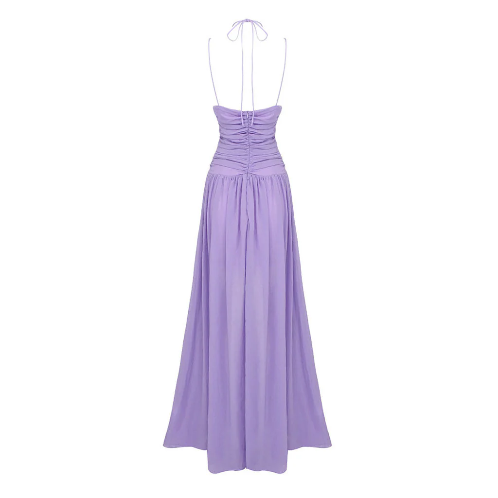 Ethereal Halter Cinched Neck CutOut Ruched Chiffon Sleeveless Maxi Evening Dress - Image 7