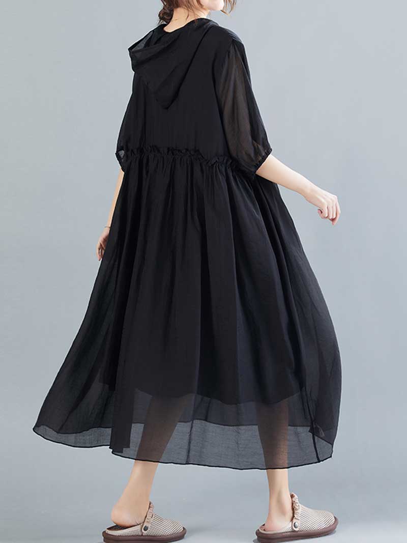 Plain Cotton Short Sleeves Hooded Style A-Line Dress - Image 11