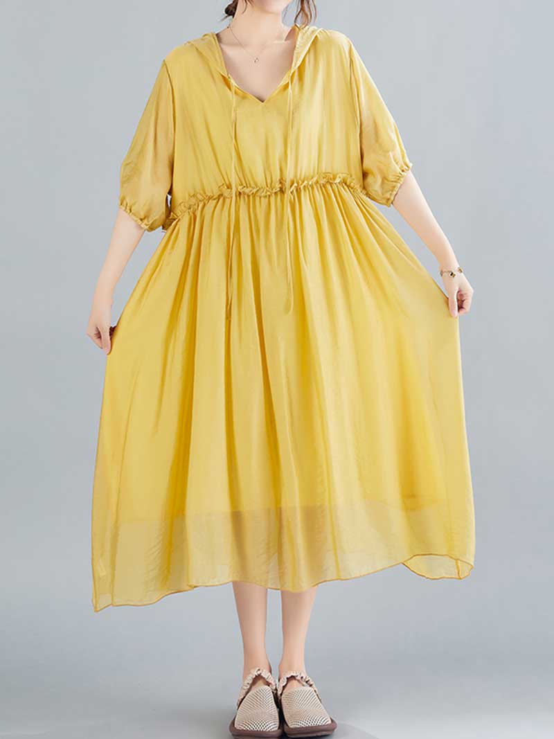 Plain Cotton Short Sleeves Hooded Style A-Line Dress - Image 2