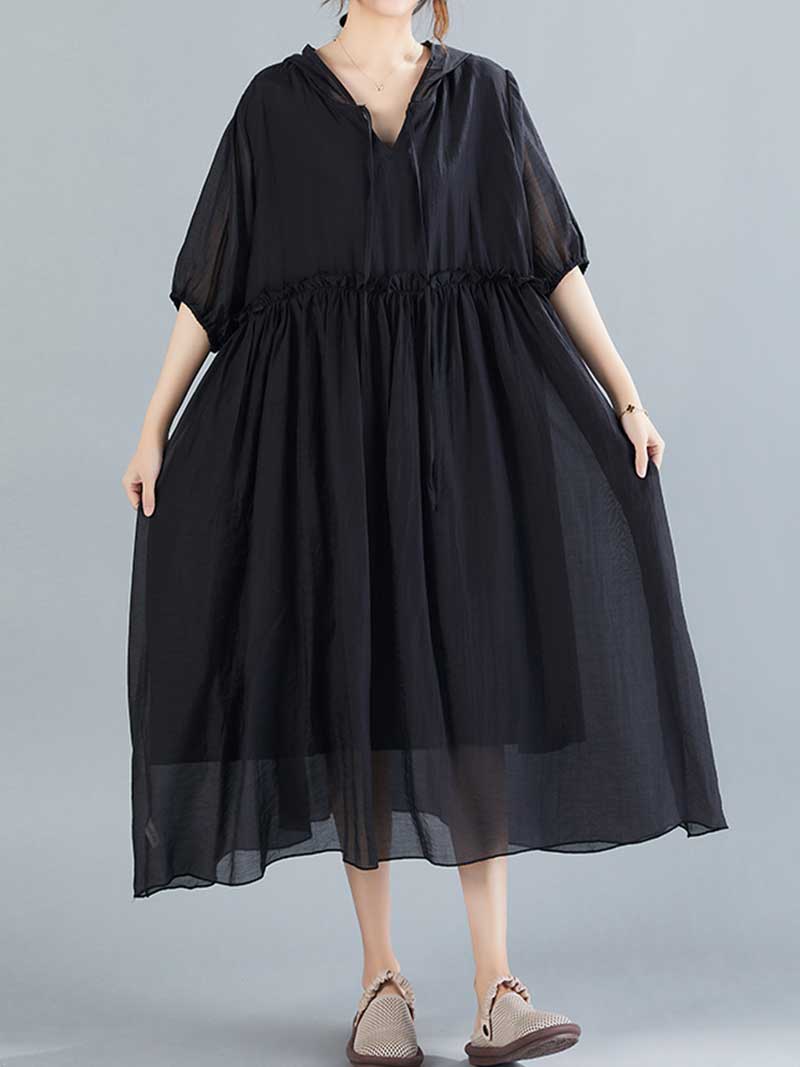 Plain Cotton Short Sleeves Hooded Style A-Line Dress - Image 3