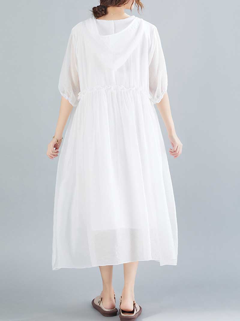Plain Cotton Short Sleeves Hooded Style A-Line Dress - Image 4