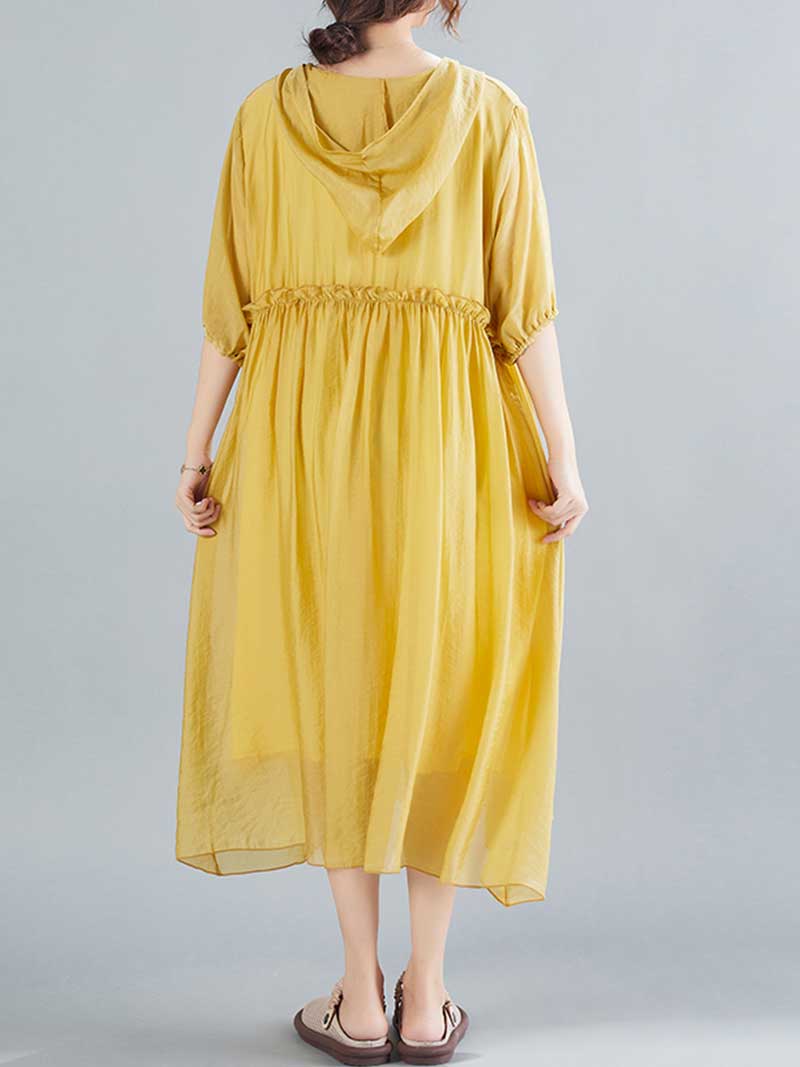Plain Cotton Short Sleeves Hooded Style A-Line Dress - Image 5