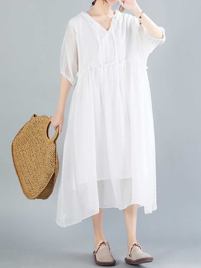 Plain Cotton Short Sleeves Hooded Style A-Line Dress - Image 7