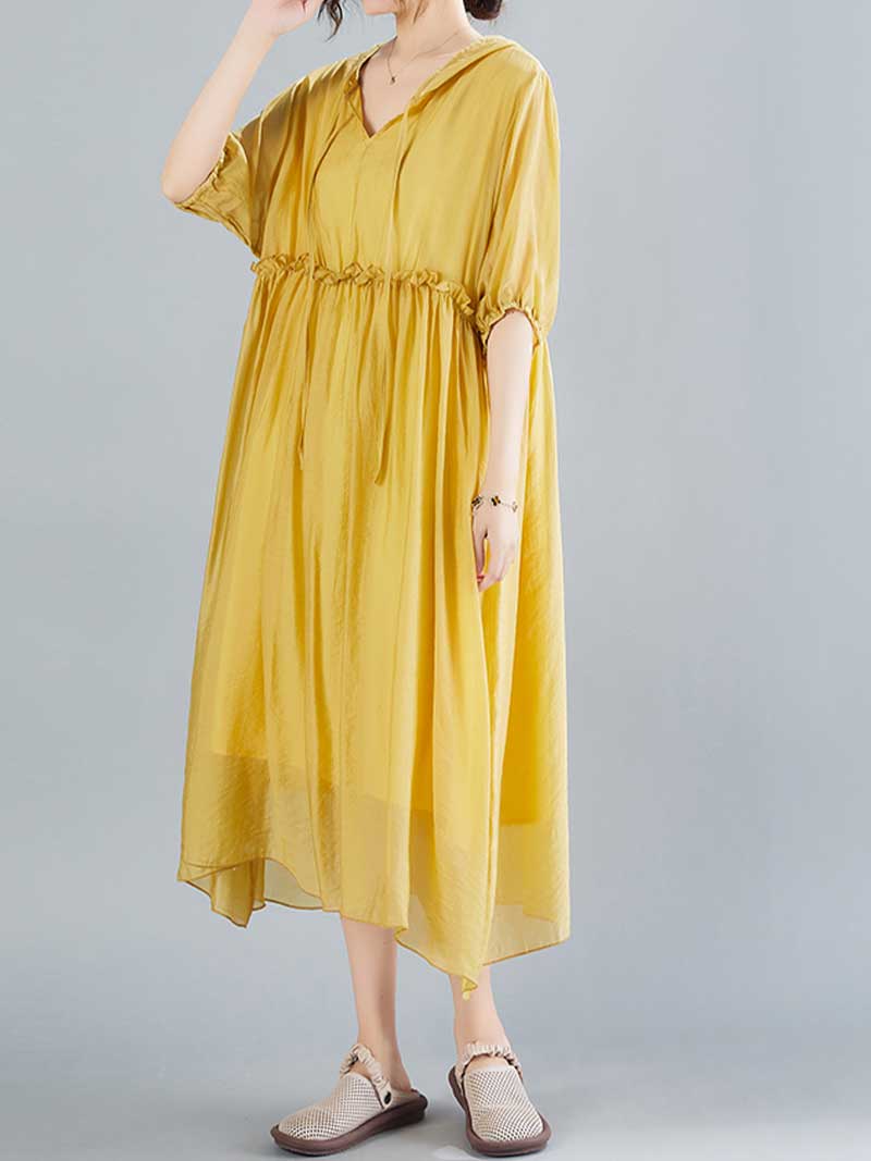 Plain Cotton Short Sleeves Hooded Style A-Line Dress - Image 8