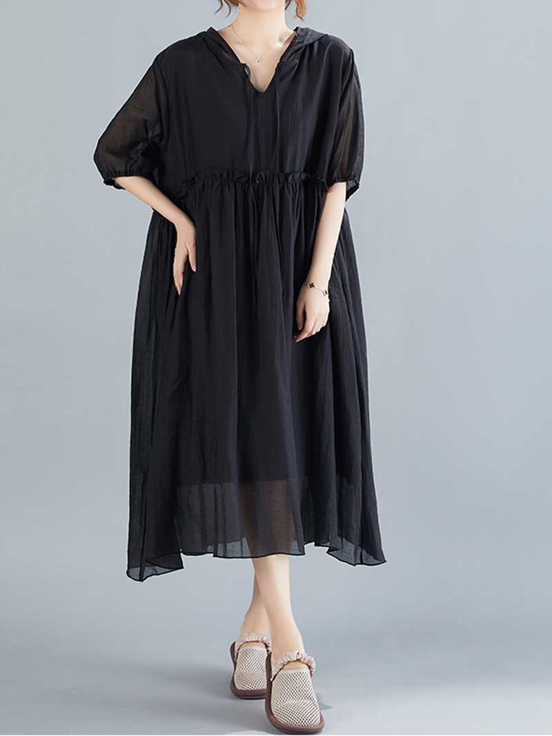 Plain Cotton Short Sleeves Hooded Style A-Line Dress - Image 9