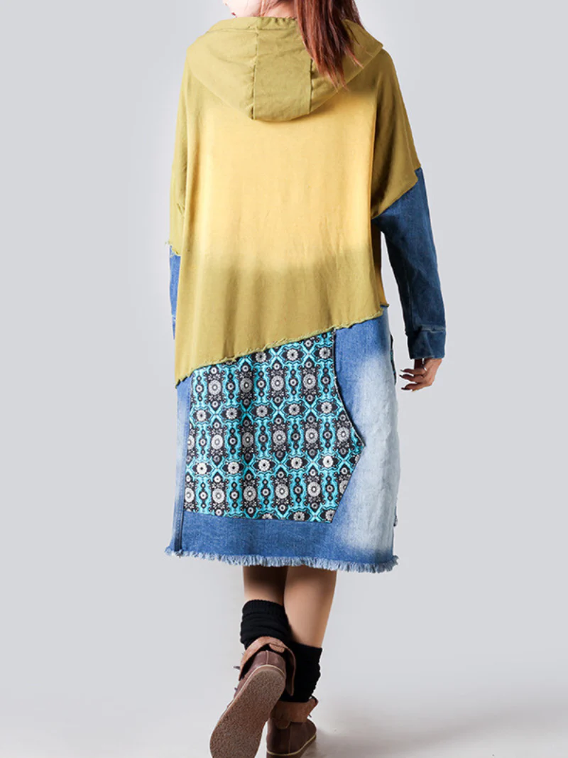 Retro Large Size Hooded Long Sleeve Pullover Denim Midi Dress - Image 2