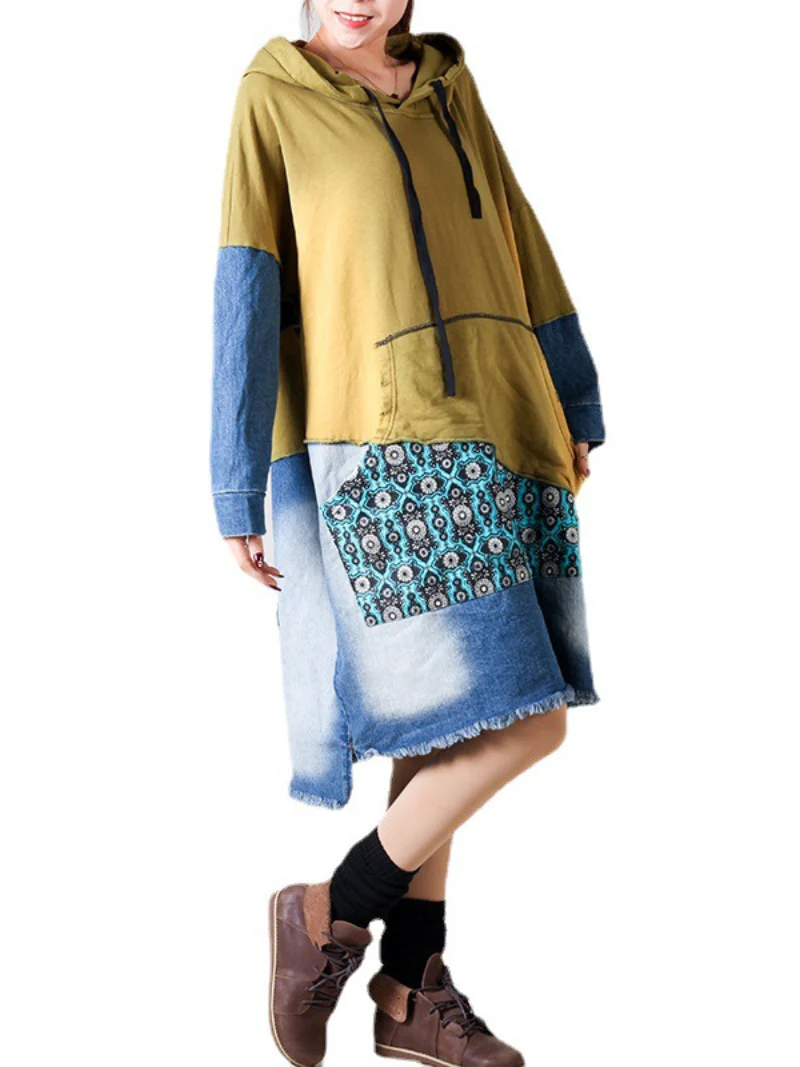 Retro Large Size Hooded Long Sleeve Pullover Denim Midi Dress - Image 3