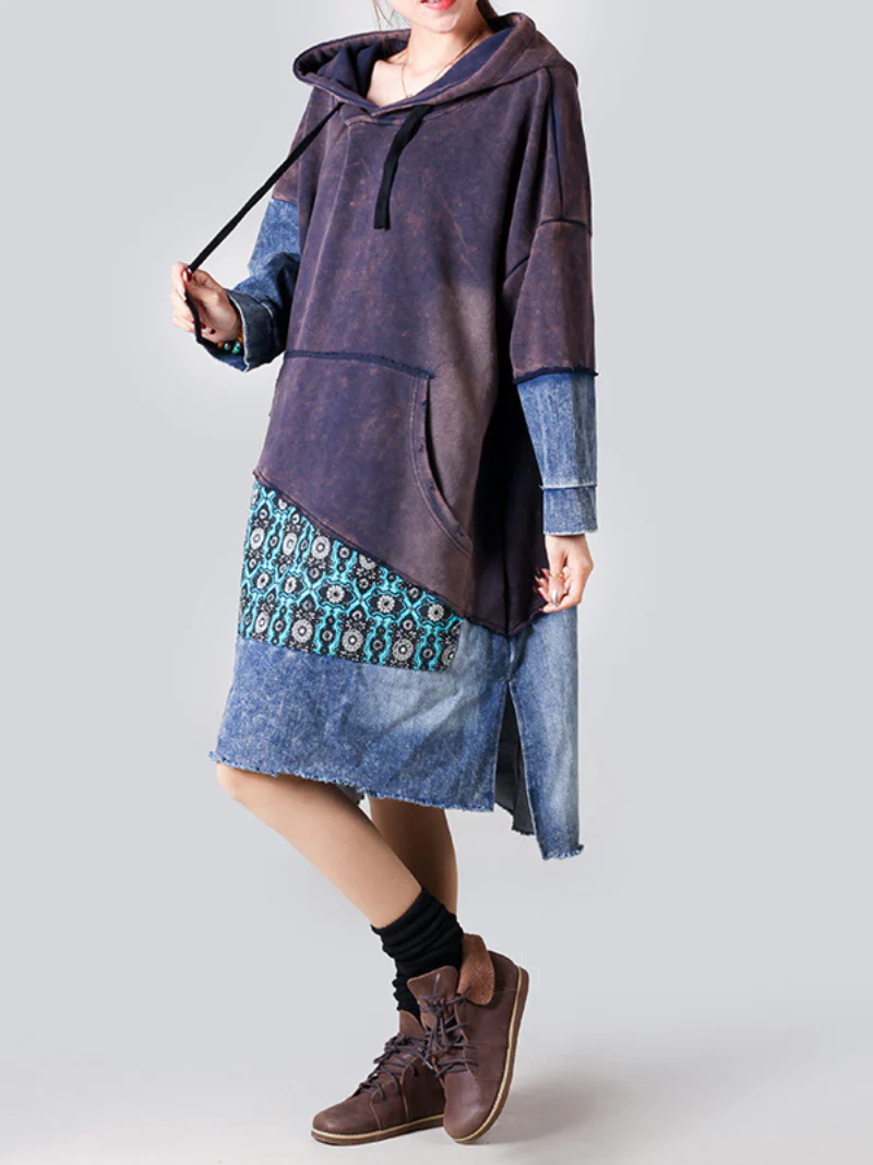 Retro Large Size Hooded Long Sleeve Pullover Denim Midi Dress - Image 4