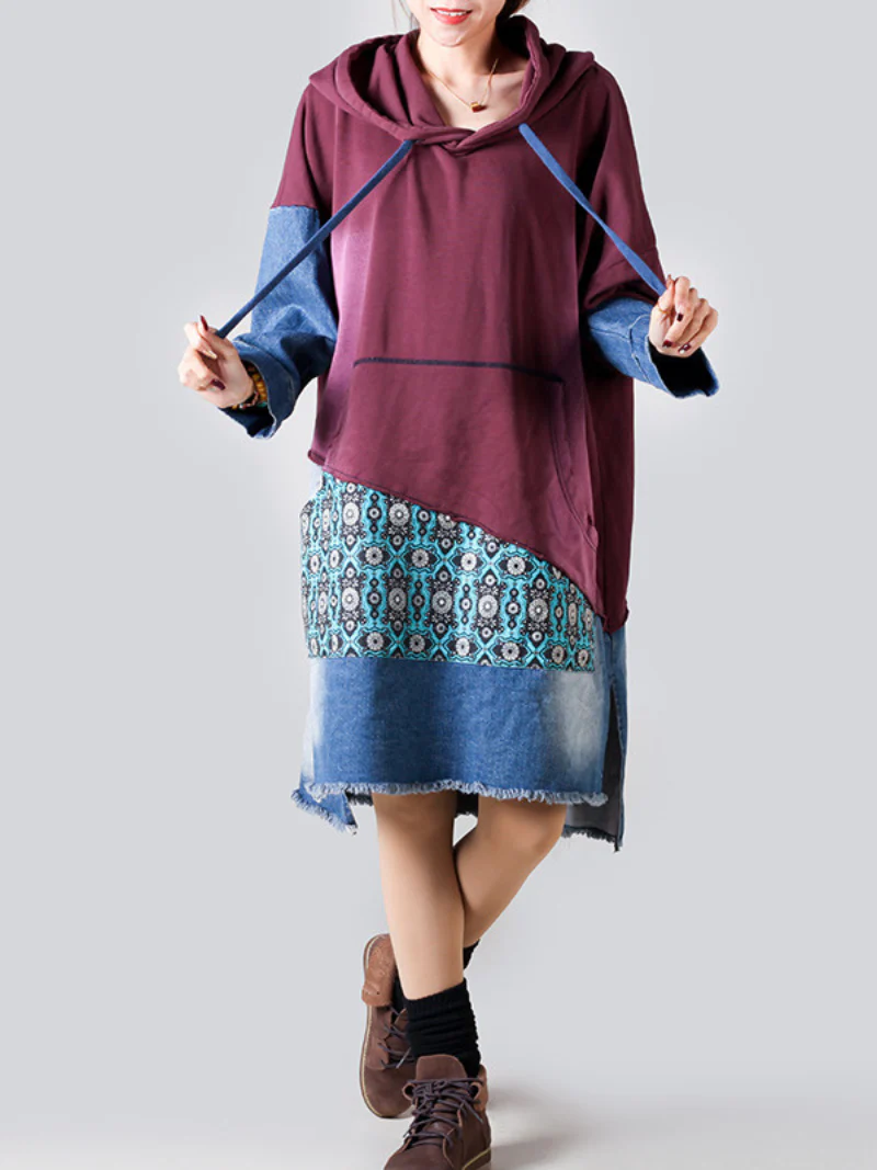 Retro Large Size Hooded Long Sleeve Pullover Denim Midi Dress - Image 5