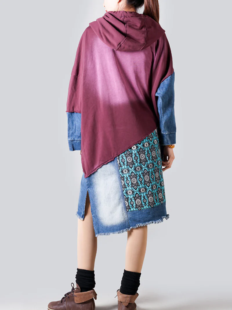Retro Large Size Hooded Long Sleeve Pullover Denim Midi Dress - Image 8