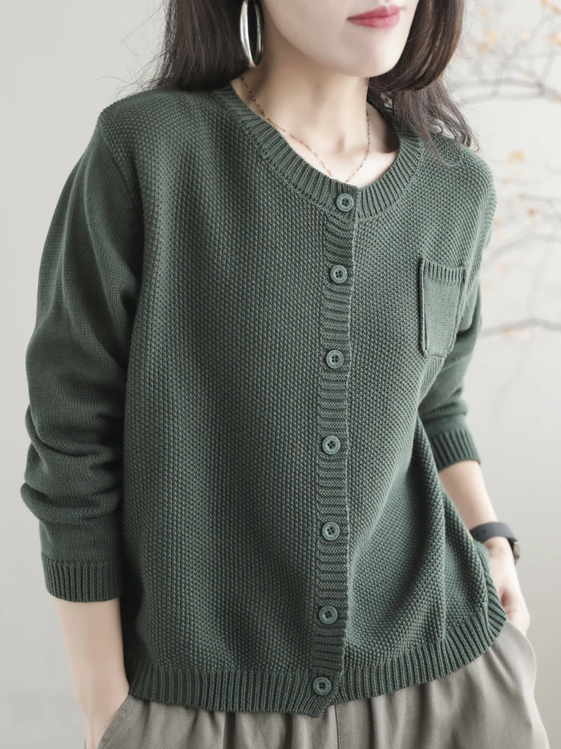 Women Casual Cardigan Long Sleeves  Loose Knitted Button Pocket Jacket - Image 11