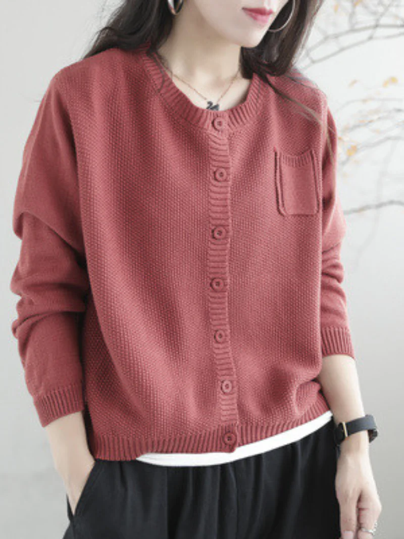Women Casual Cardigan Long Sleeves  Loose Knitted Button Pocket Jacket - Image 14