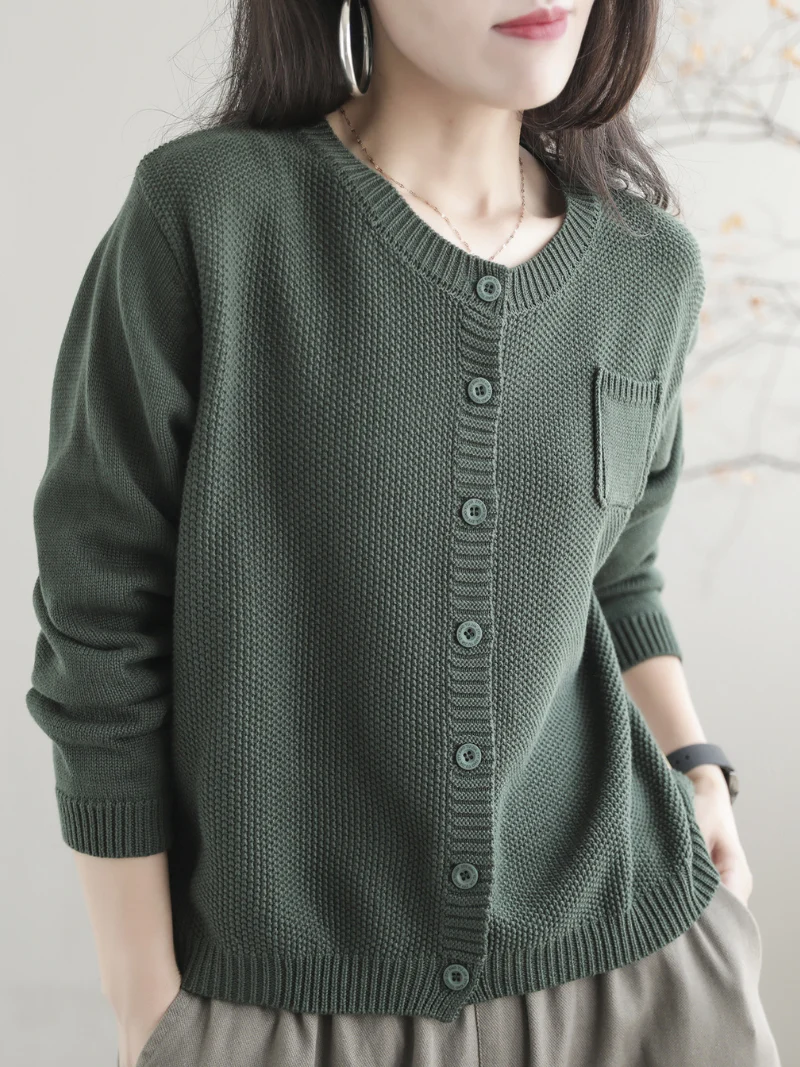 Women Casual Cardigan Long Sleeves  Loose Knitted Button Pocket Jacket - Image 2