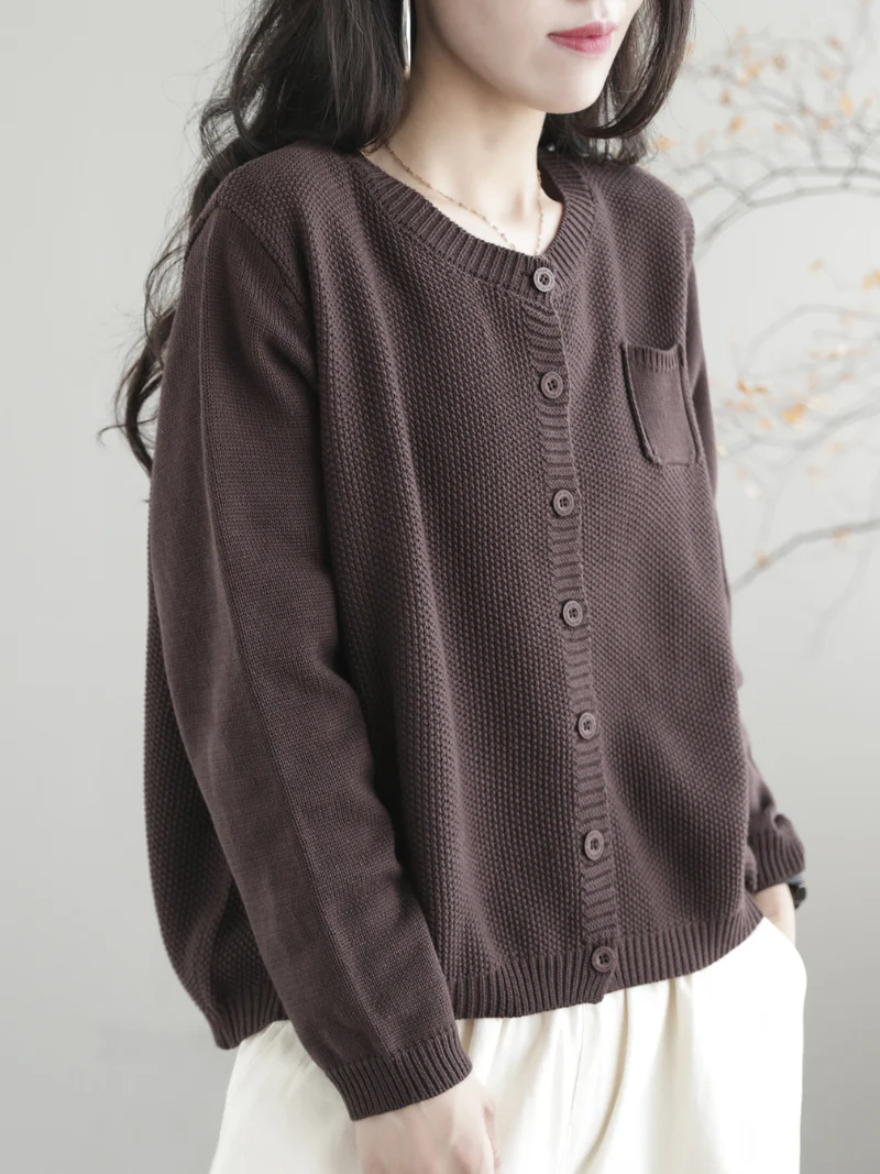 Women Casual Cardigan Long Sleeves  Loose Knitted Button Pocket Jacket - Image 3
