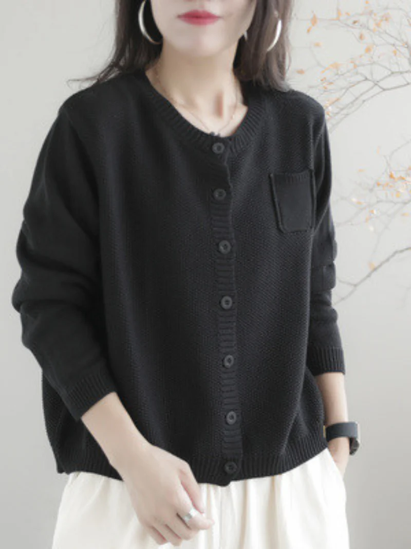 Women Casual Cardigan Long Sleeves  Loose Knitted Button Pocket Jacket - Image 5