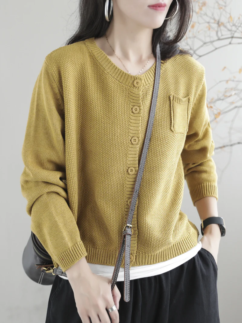 Women Casual Cardigan Long Sleeves  Loose Knitted Button Pocket Jacket - Image 6