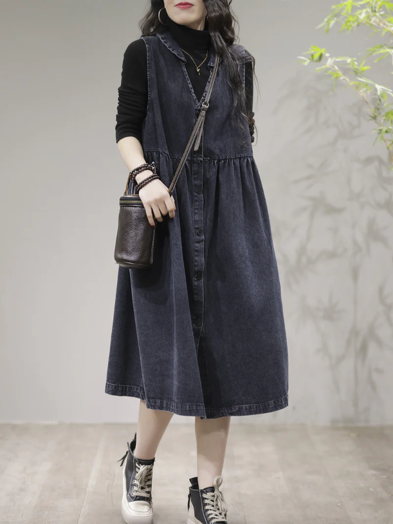 Women Stylish V-Neck Denim Cardigan Style Sleeveless Midi Dress - Image 2