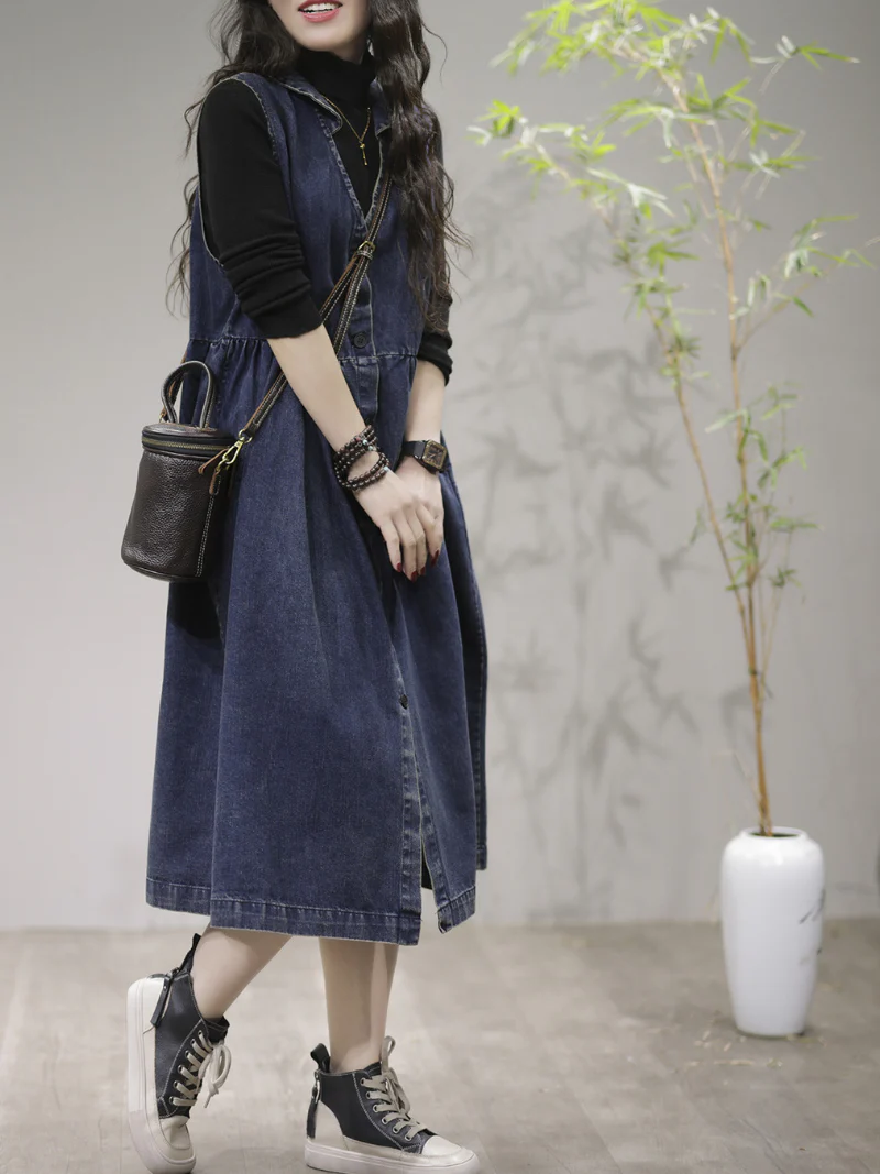 Women Stylish V-Neck Denim Cardigan Style Sleeveless Midi Dress - Image 3