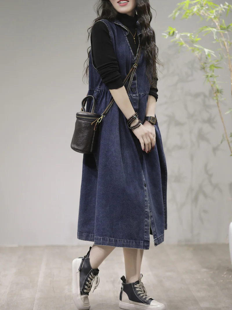 Women Stylish V-Neck Denim Cardigan Style Sleeveless Midi Dress - Image 4