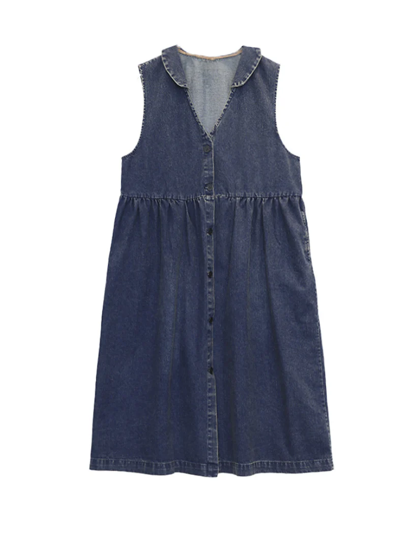 Women Stylish V-Neck Denim Cardigan Style Sleeveless Midi Dress - Image 6