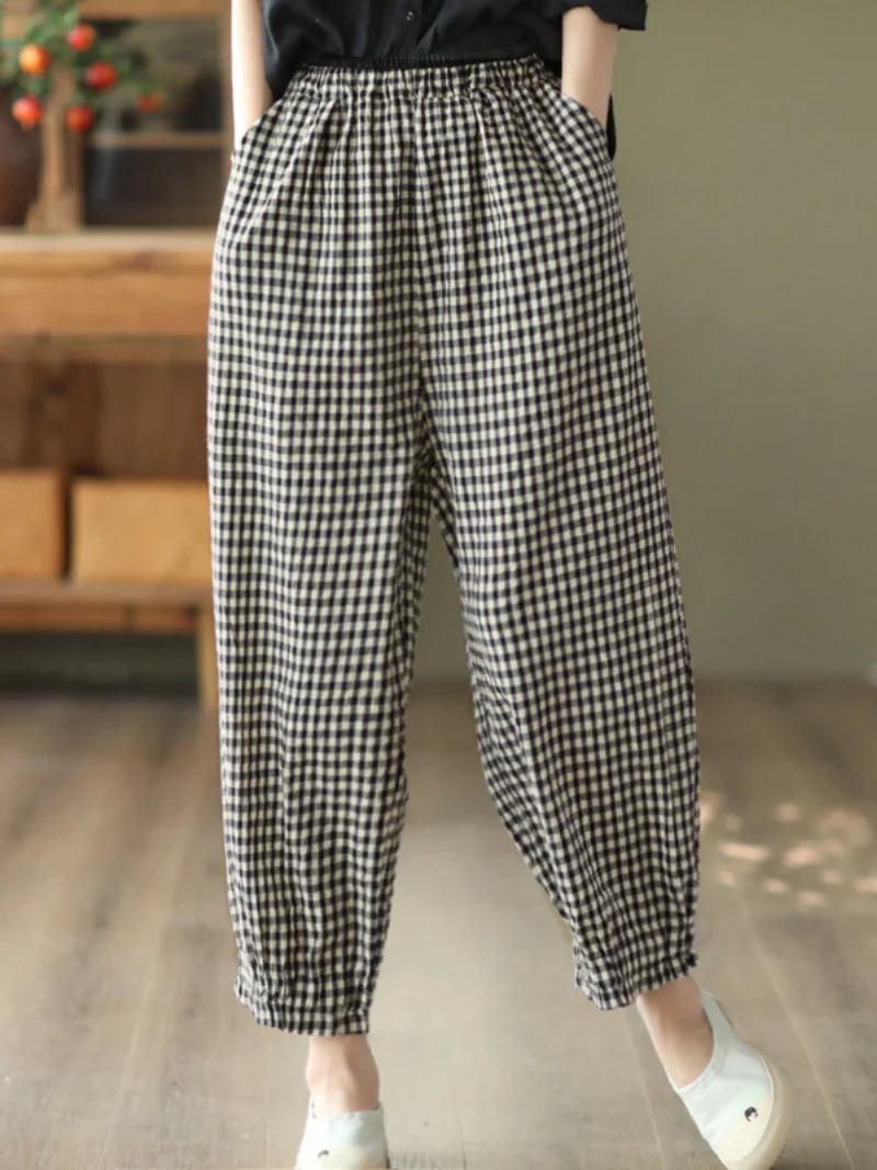 Elastic Waist Plaid Casual Harem Trousers Bottom Pants - Image 10