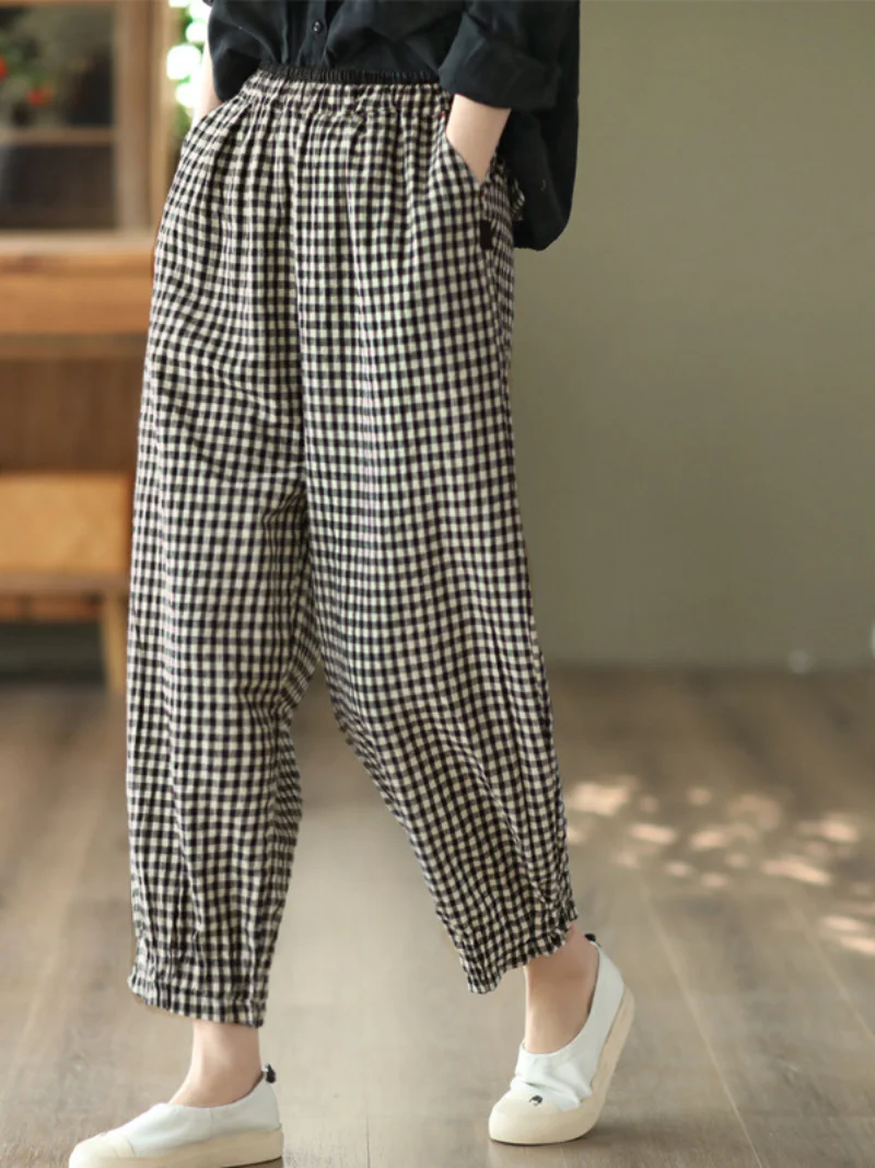 Elastic Waist Plaid Casual Harem Trousers Bottom Pants - Image 11