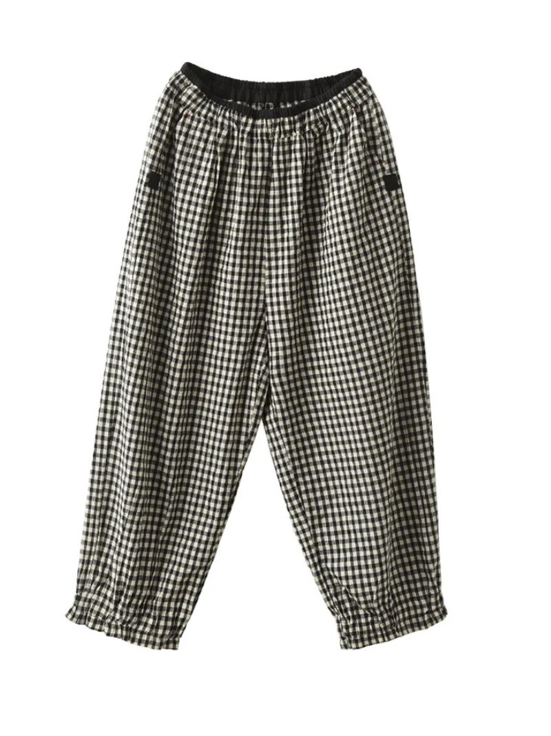 Elastic Waist Plaid Casual Harem Trousers Bottom Pants - Image 2