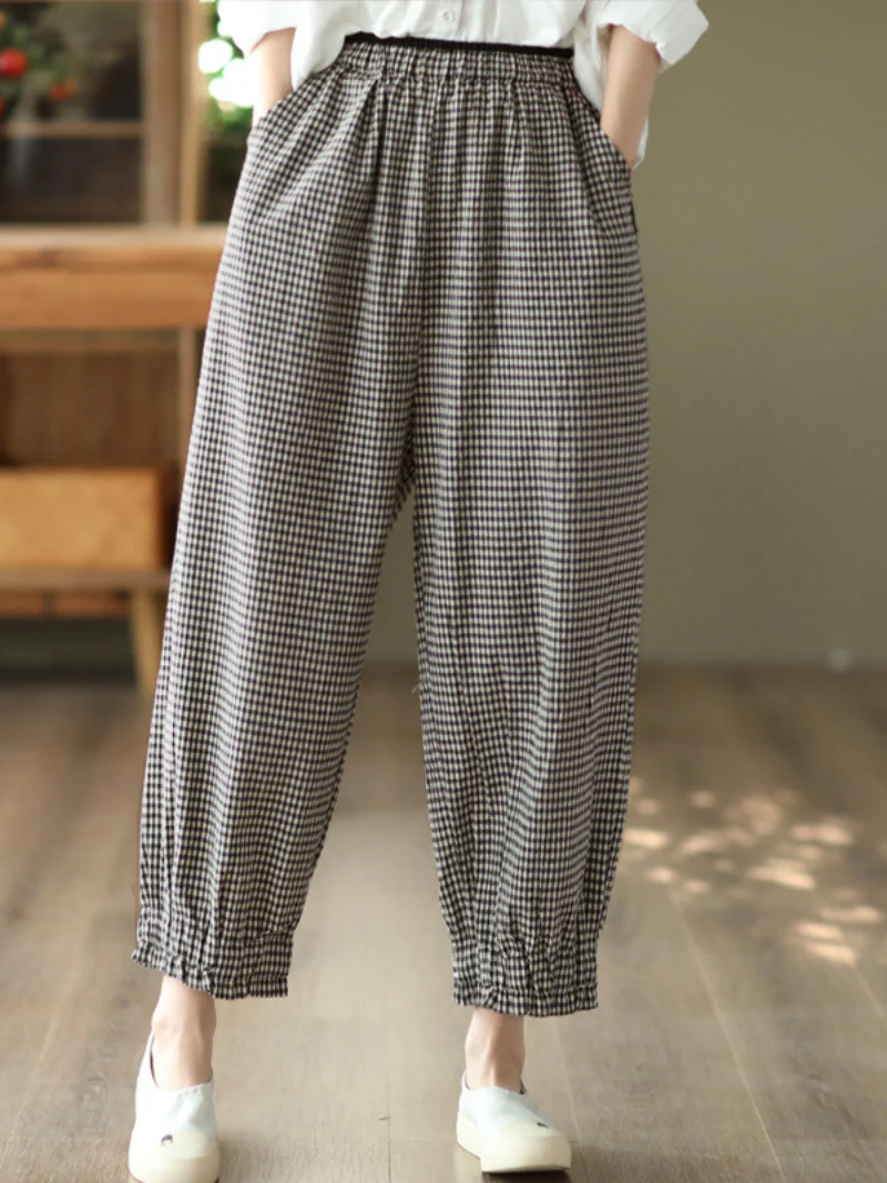 Elastic Waist Plaid Casual Harem Trousers Bottom Pants - Image 8