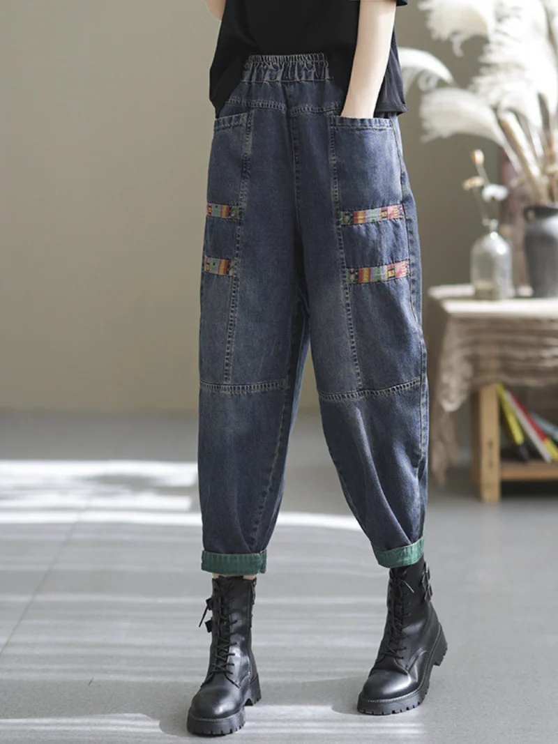Casual Denim Loose patch Harem Bottom Pants - Image 5
